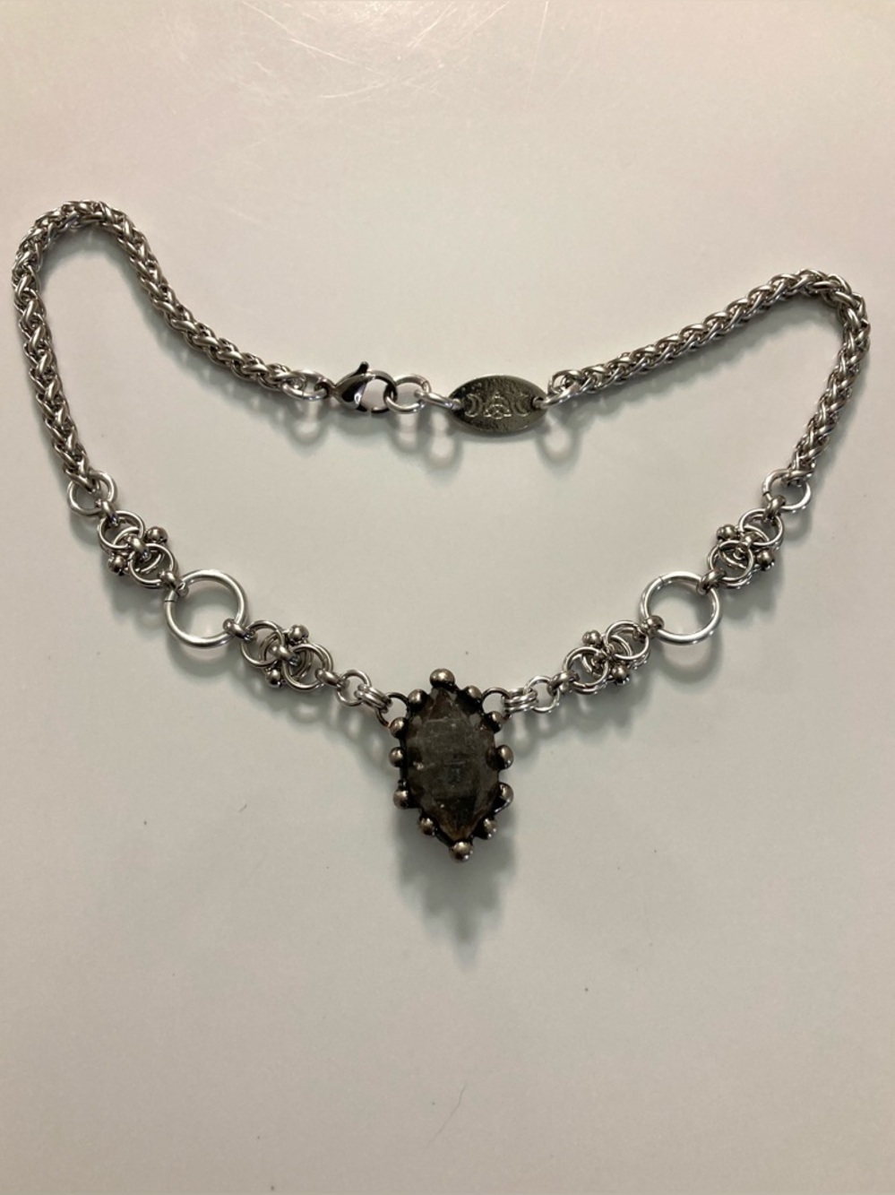 Smoky black herkimer diamond crystal on handmade maille stainless steel chain - Picture 11 of 16